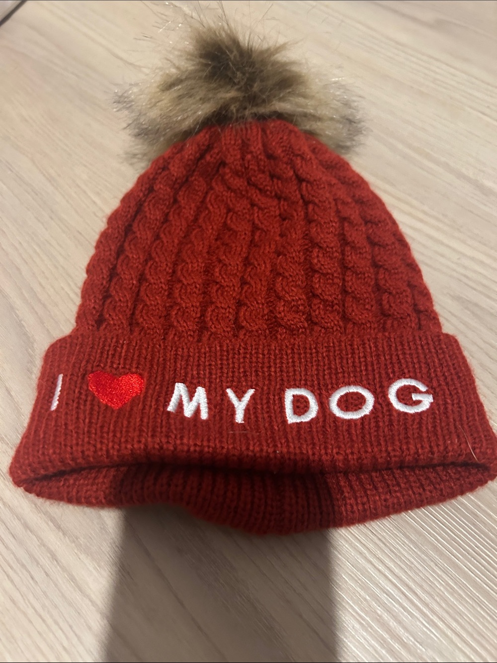 Kids Red 'I Love My Dog' Pom Pom Beanie